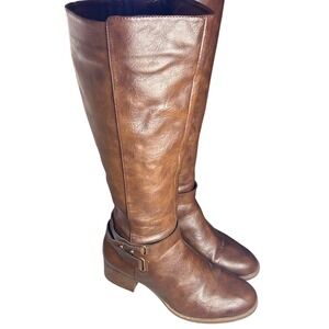 Brown Faux Leather Knee High Boots Buckle Detail Side Zip Block Heel Size 9